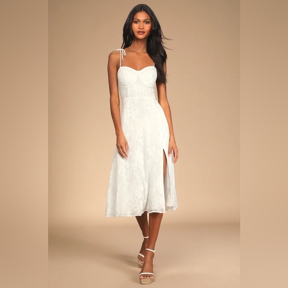 Lulus Loveliest Looks White Floral Jacquard Tie-Strap Midi Dress